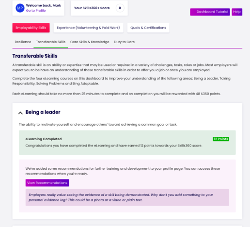 Skills360 Dashboard Layout